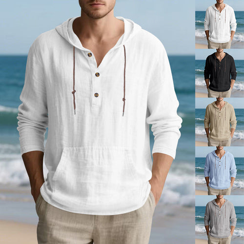 Herren nan leichtes Kapuzen-Henley aus Leinen-Baumwollmix mit Kängurutasche und Knopfleiste W&W Mode