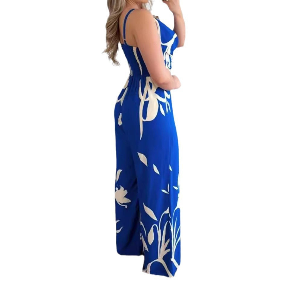 Damen Eleganter Jumpsuit mit fließendem Stoff und modischem Blumenmuster WW