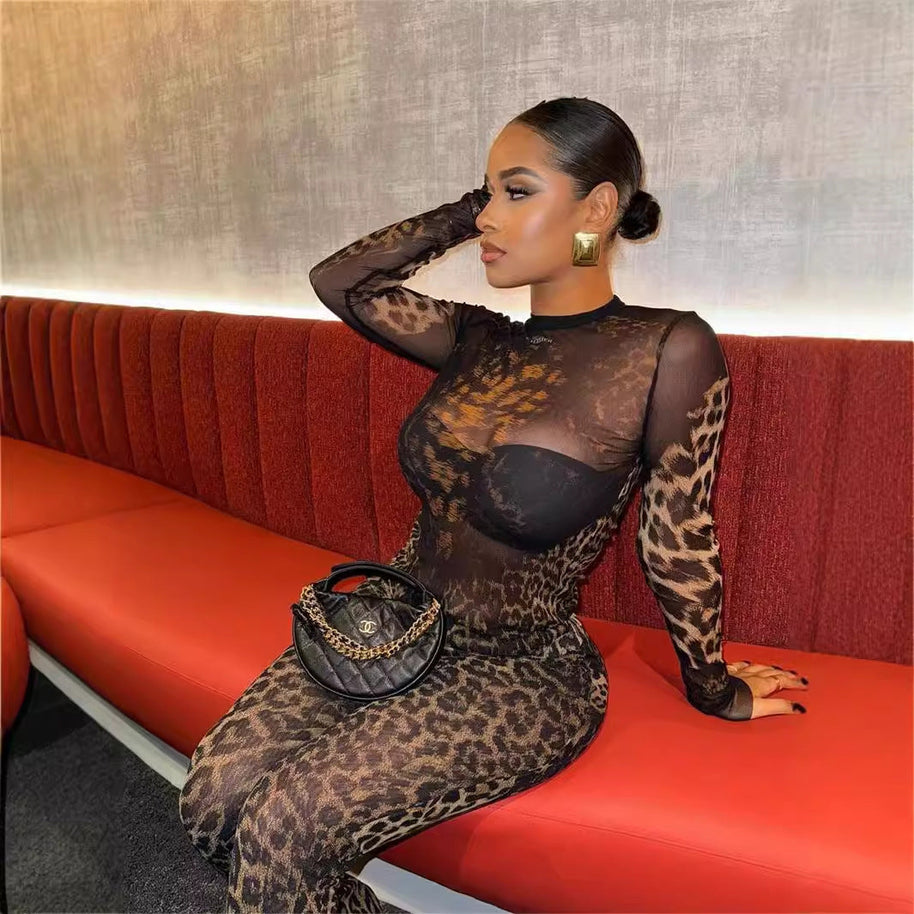 WW | Leopard-Print Langarm-Top und Hosen-Set