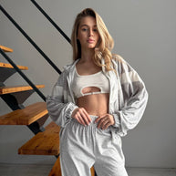 Damen sportlicher Fleece-Anzug mit hohem Kragen und elastischen Bündchen WW