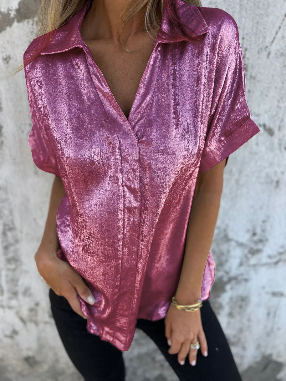 Damen Kurzarm-Seidenbluse mit elegantem Glanz und modischem Revers WW