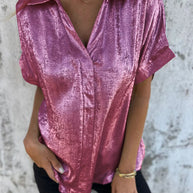 Damen Kurzarm-Seidenbluse mit elegantem Glanz und modischem Revers WW