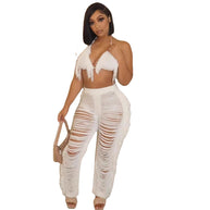 Damen Strandoutfit mit fransigem Crop-Top und lässiger Hose WW
