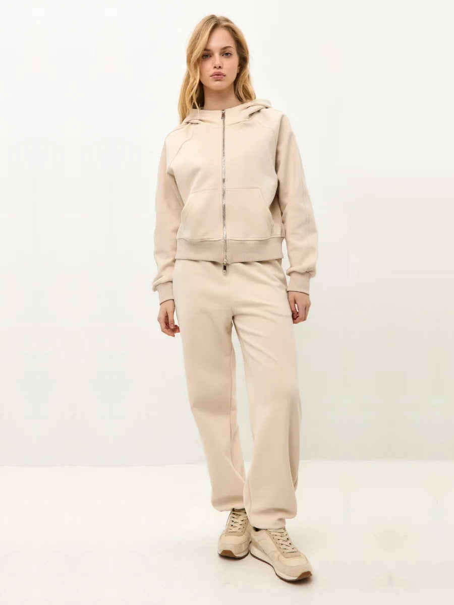Damen sportliches Fleece-Hoodie-Set mit verschließbarem Reißverschluss WW