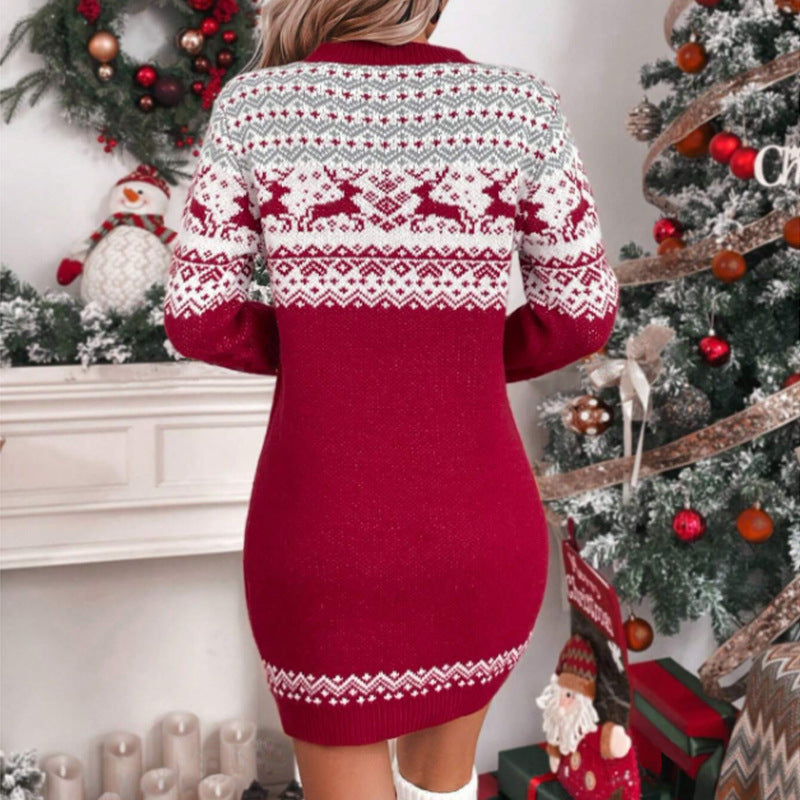 Damen Strickkleid mit festlichem Norweger-Muster WW