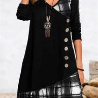 Damen asymmetrisches Freizeitkleid mit kariertem Saum und Knopfdetail WW