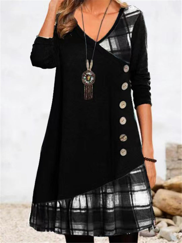 Damen asymmetrisches Freizeitkleid mit kariertem Saum und Knopfdetail WW
