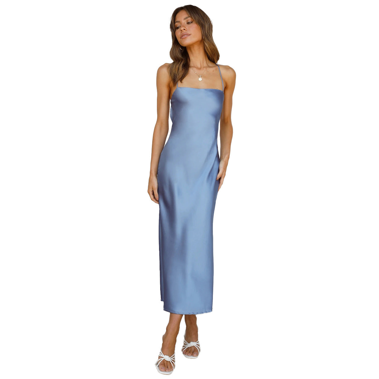 Damen Satinmaxikleid mit schmalem Schnitt und Spaghettiträgern WW