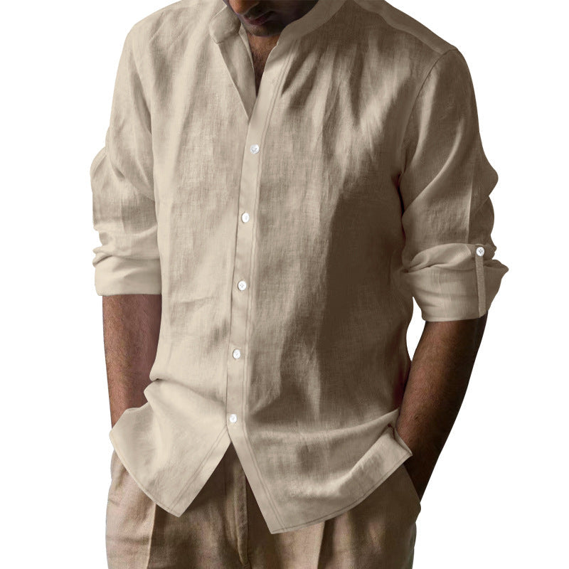 Herren nan lässiges Leinenhemd mit Kentkragen, durchgehender Knopfleiste und krempelbaren Ärmeln W&W Mode