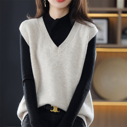 Damen Ärmellose Strickweste mit V-Ausschnitt und feiner Textur WW