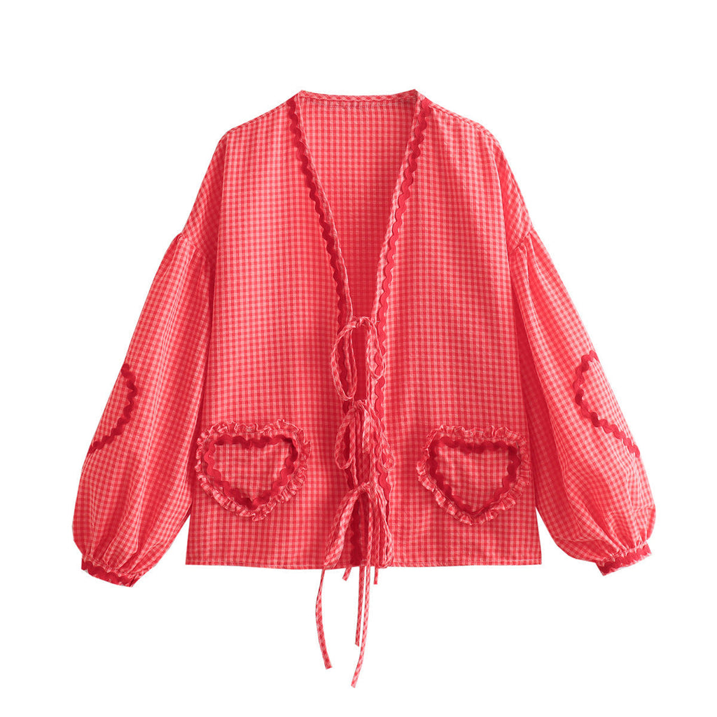 WW | Karierte Herzdrüsen Ribbon Shirt Stylisches Leichtes Top Für Ganzjährige Trageweise