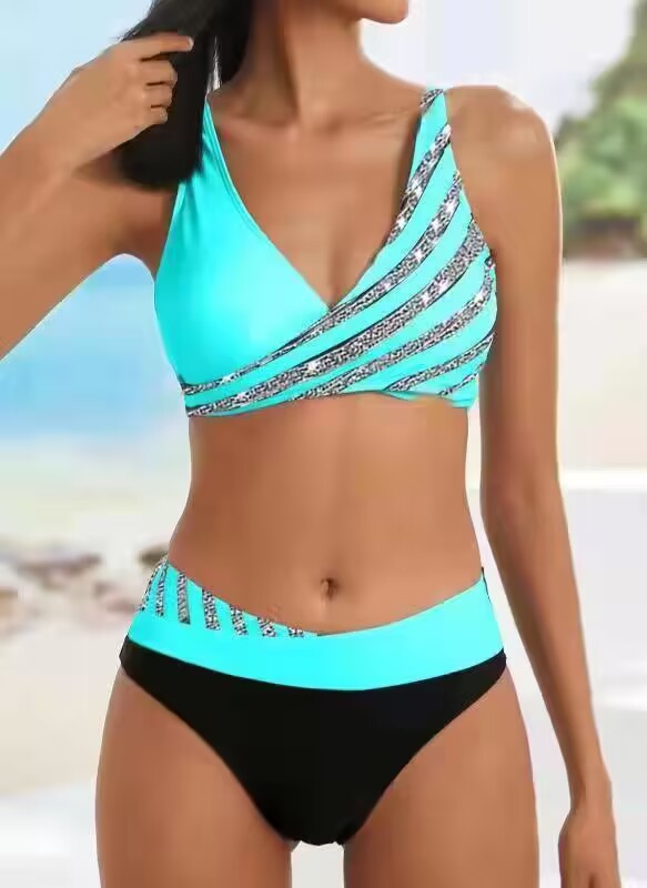Damen Bikini-Set mit asymmetrischem Oberteil und Kontrast-Design WW