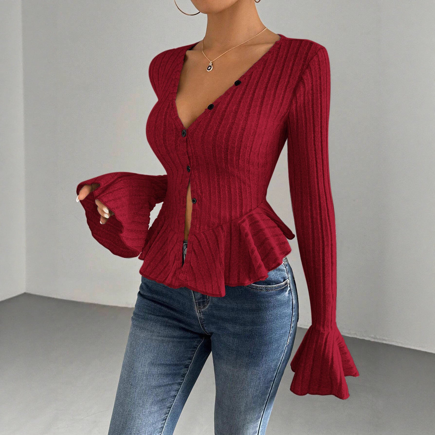 Damen Strickoberteil mit raffiniertem Kellerfalten-Design und Knopfleiste WW