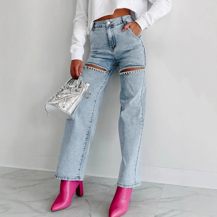 Damenweite Jeans mit Cut-Out-Details und eleganten Fransen W&W Mode