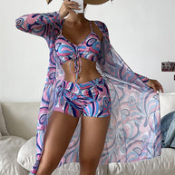 Damen Bikiniset mit schönem Bindeband und floralem Kimono WW