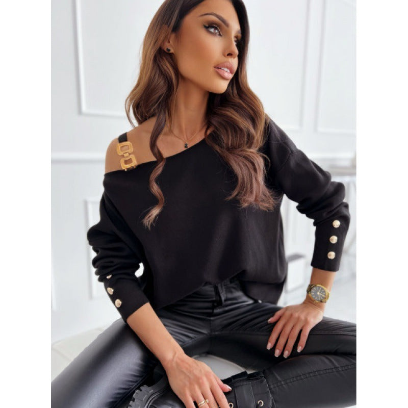 Damen Bequemer Oversized Pullover mit asymmetrischem Design und dekorativen Knöpfen WW