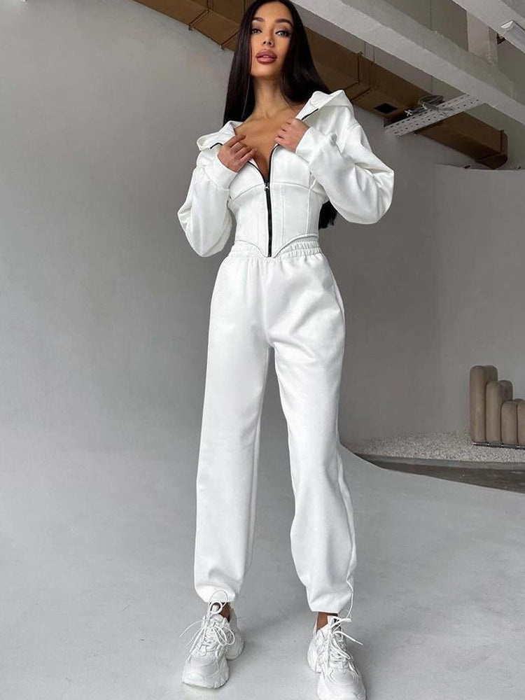 Damen sportlicher Jumpsuit mit Reißverschluss und Kapuze WW