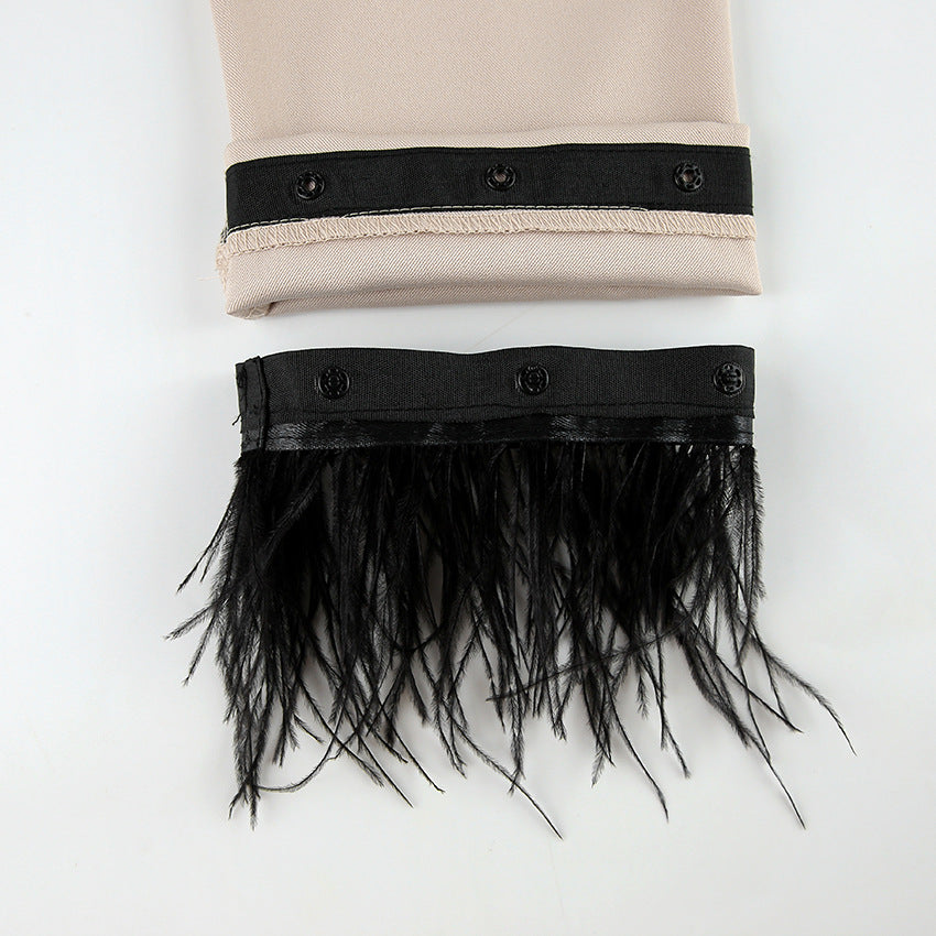 Damen schickes Anzug-Set mit eleganten Federn an den Ärmeln und hohem Bund WW