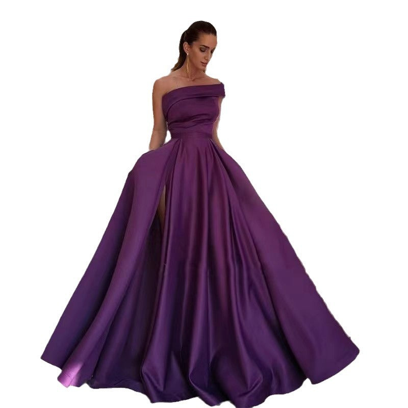 Damen Elegantes Maxikleid mit asymmetrischem Ausschnitt und hohem Beinschlitz WW