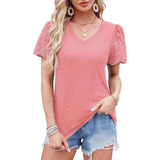 Damen V-Ausschnitt T-Shirt mit Spitzenärmeln WW