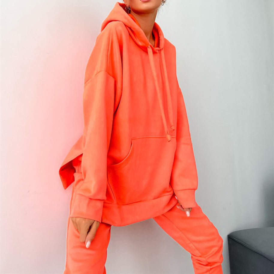 Damen sportliches Fleece-Lounge-Set mit übergroßem Hoodie und elastischen Hosen WW