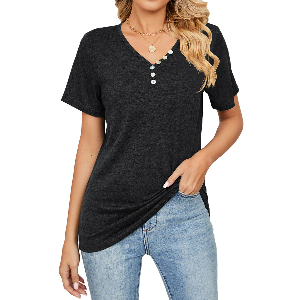 Damen V-Ausschnitt T-Shirt mit dekorativen Knopfdetails und lockerem Schnitt WW