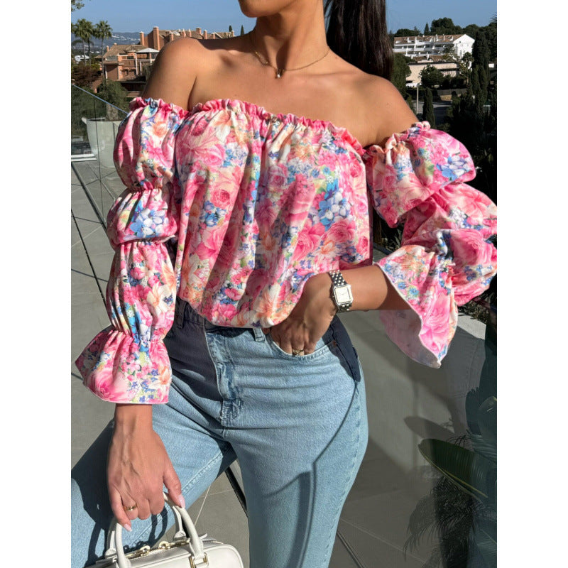 Damen Off-Shoulder Rüsch Blumen Bluse WW