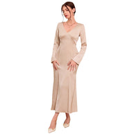 Damen elegantes Satin-Kleid mit V-Ausschnitt und langem Arm W&W