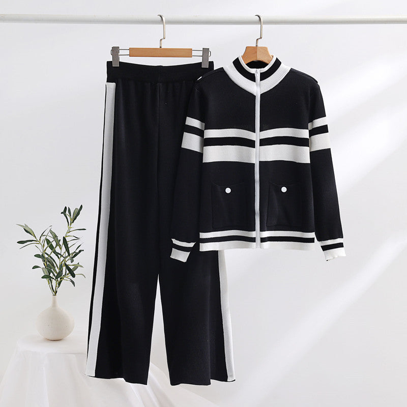 Damen sportliches Strick-Loungewear-Set mit geripptem Design und praktischen Taschen WW