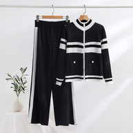 Damen sportliches Strick-Loungewear-Set mit geripptem Design und praktischen Taschen WW