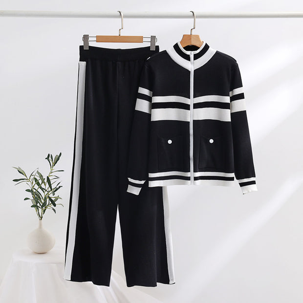 Damen sportliches Strick-Loungewear-Set mit geripptem Design und praktischen Taschen WW
