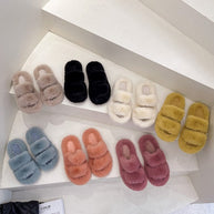 Damen Flauschige Hausschuhe mit doppeltem Riemen und weichem Innenfutter W&W
