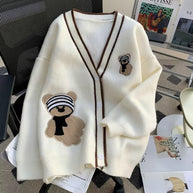 Damen Strickjacke mit Bärenapplikationen und Kontrastdetails WW