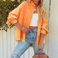 Damen Denim-Hemdjacke im lässigen Oversized-Schnitt mit fransigen Details WW