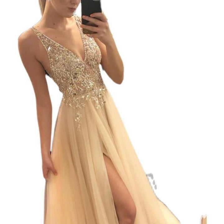 Damen-Abendkleid mit tiefem V-Ausschnitt, Pailletten und langem Rock