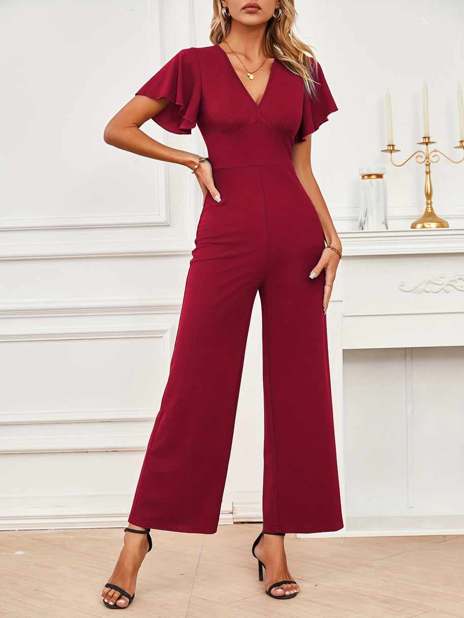 Damen eleganter Jumpsuit mit weitem Bein und Rüschendetails W&W