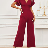 Damen eleganter Jumpsuit mit weitem Bein und Rüschendetails W&W