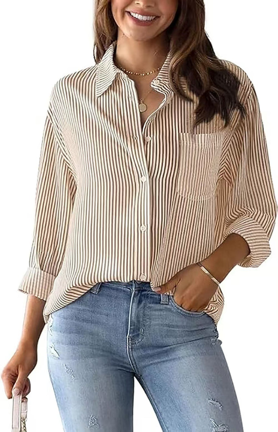 Damen Lockeres gestreiftes Hemd mit Brusttasche und umschlagbaren Ärmeln WW