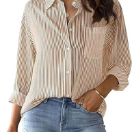 Damen Lockeres gestreiftes Hemd mit Brusttasche und umschlagbaren Ärmeln WW