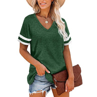 Damen V-Ausschnitt T-Shirt mit sportlichem Streifenmuster und lockerem Schnitt WW
