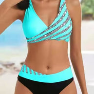 Damen Bikini-Set mit asymmetrischem Oberteil und Kontrast-Design WW