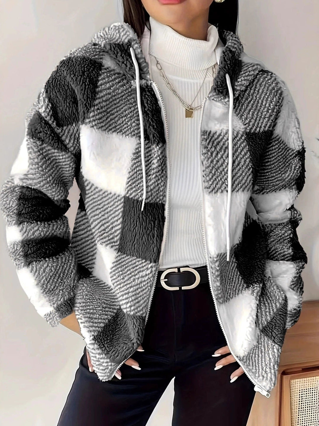 W&W Mode | Kariert Teddy Hoodie Jacke | Warm und Bequem für den Winter