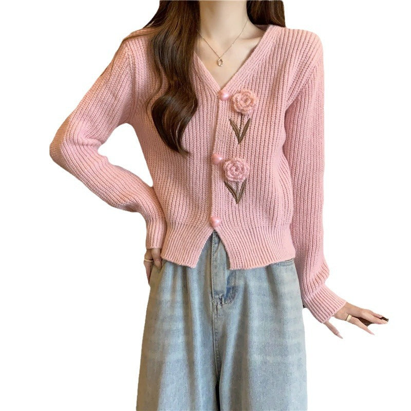 Damen Strickjacke mit floralen Applikationen WW