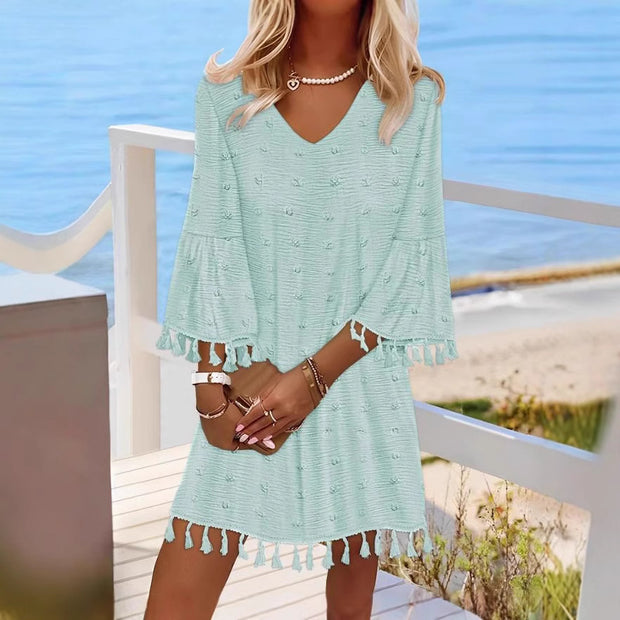 Damen Strandkleid mit modischen Fransen und V-Ausschnitt WW