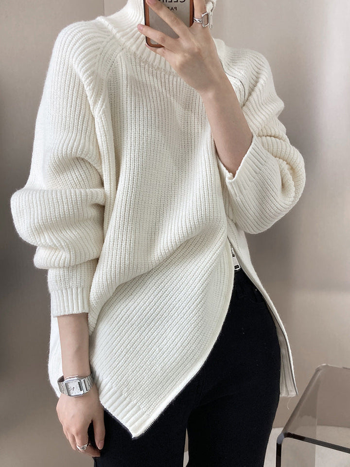 W&W Mode Rollkragenpullover mit Seitenschlitz einfarbig gestrickt