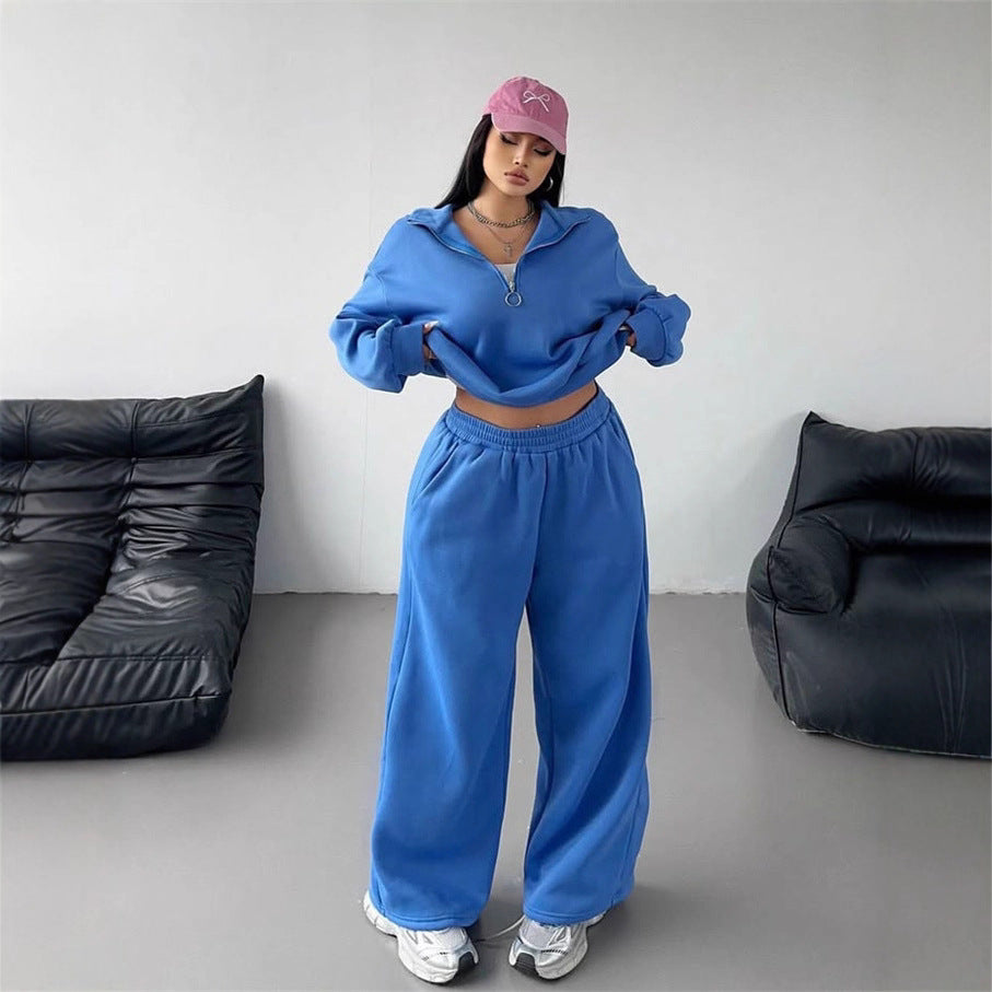 Damen Sportliches und lässiges Fleece-Set mit halbem Reißverschluss WW