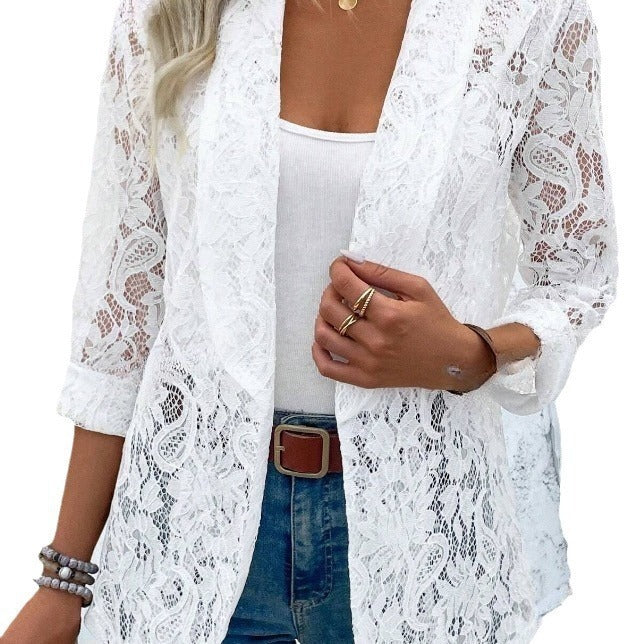 Damen leichte Spitzenjacke mit lässigem Schnitt und offene Front W&W Mode