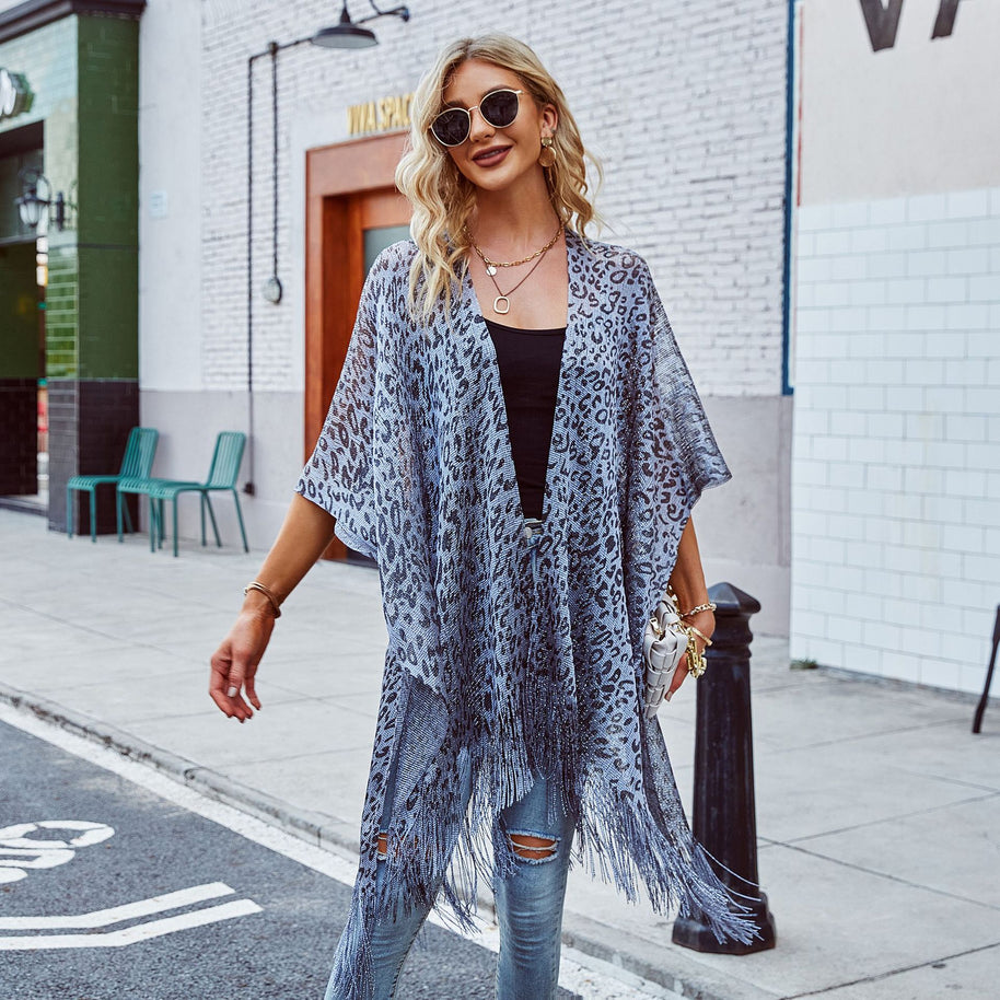 Damen Eleganter Fransen-Poncho mit Leopardenmotiv WW
