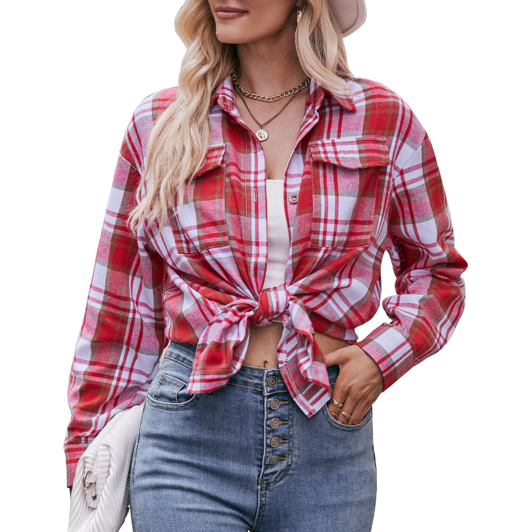 Damen kariertes Hemd mit knopfbarem Frontdesign und lässigem Knoten-Detail WW