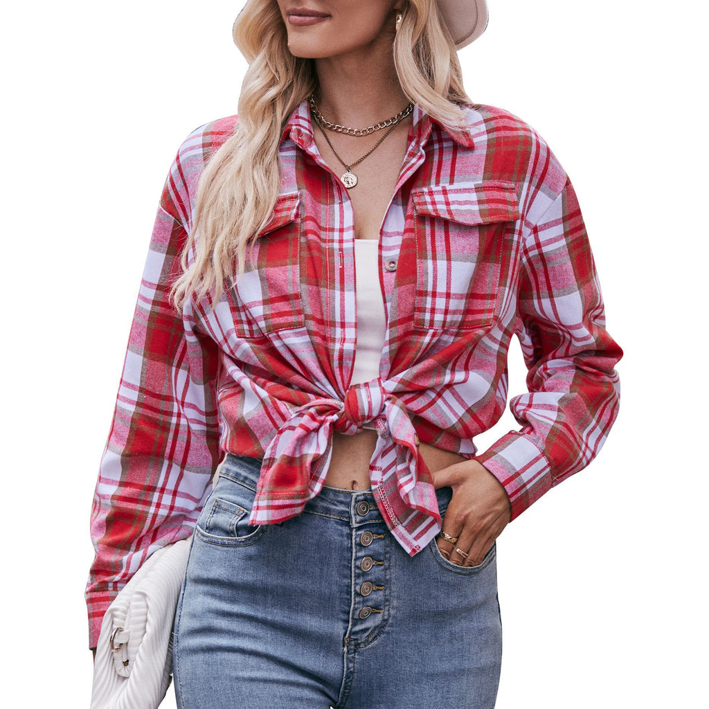 Damen kariertes Hemd mit knopfbarem Frontdesign und lässigem Knoten-Detail WW